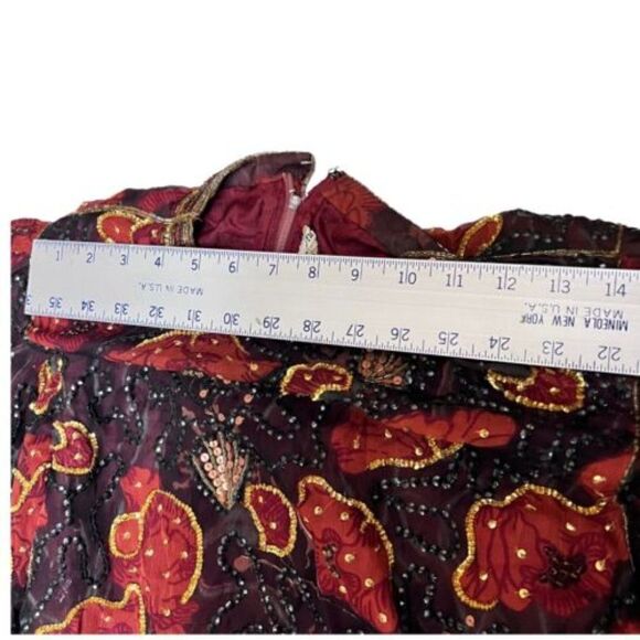 JUDITH ANN CREATIONS Xs SILK FLOWER PRINT BEAD & SEQUINS DRESS Burgundy Modest - Picture 2 of 12